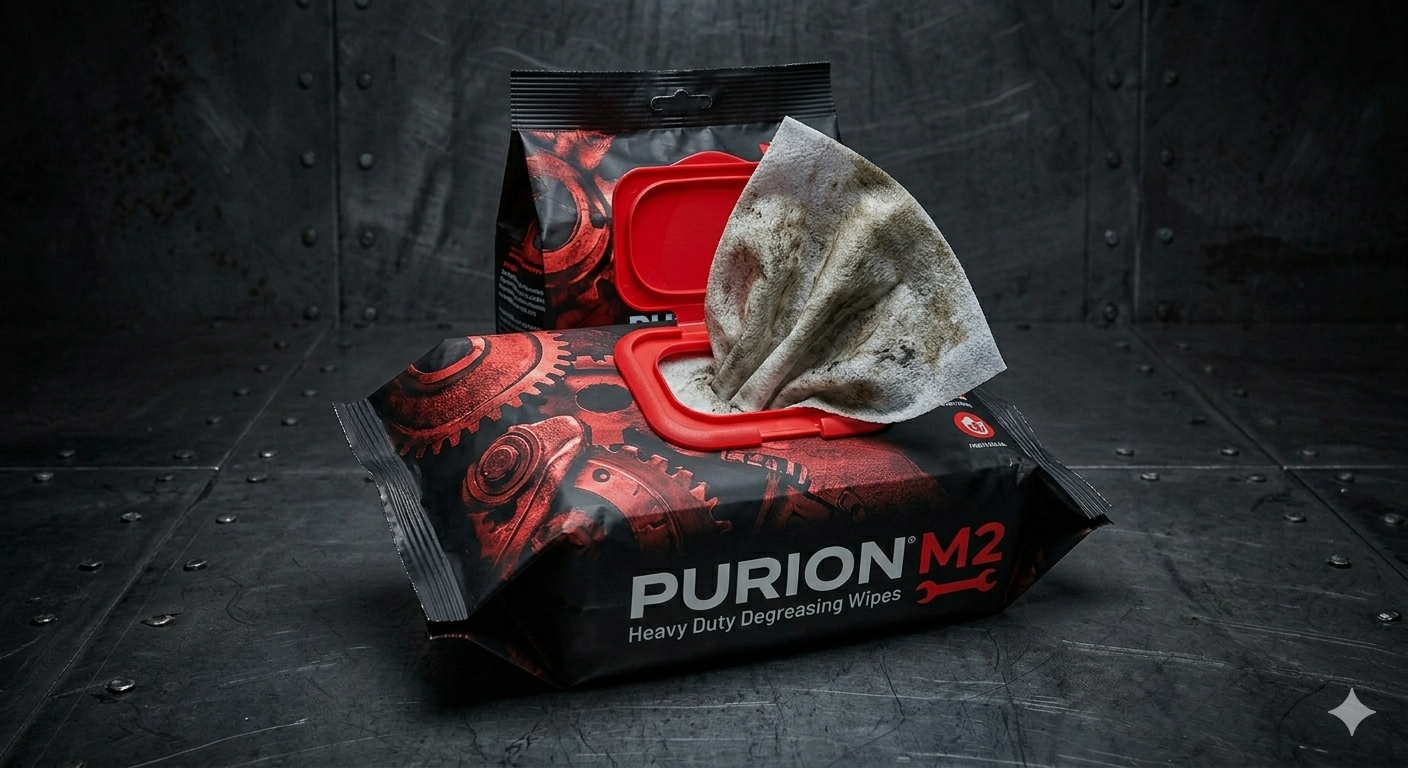 Purion M2 cleaning wipes packaging on a dark textured background