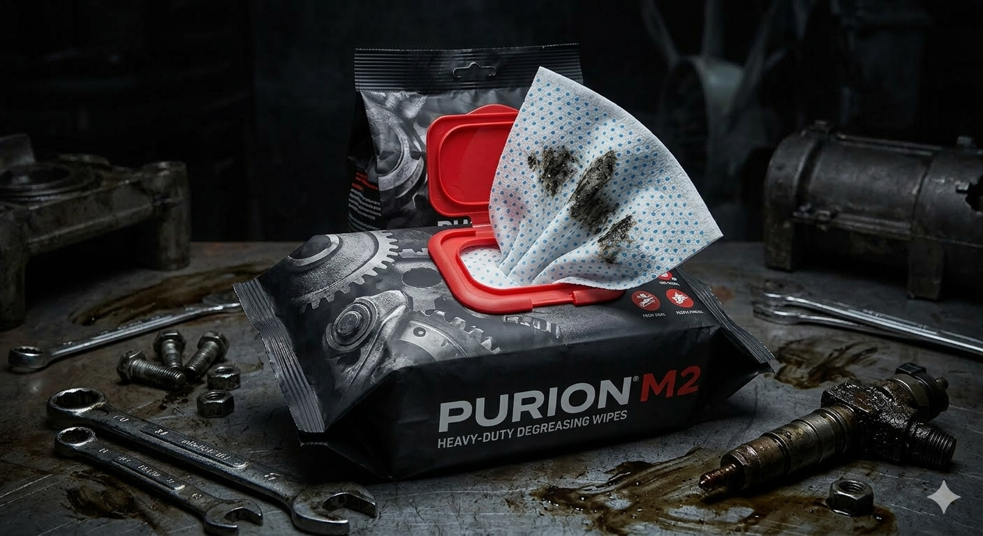 Purion M2 cleaning wipes packaging on a dirty workbench with tools and parts.