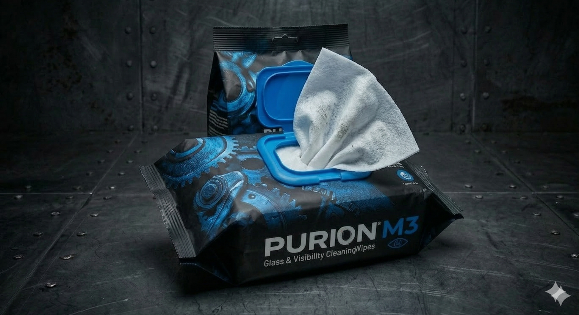 Purion M3 glass and visibility cleaning wipes packaging on a dark textured surface