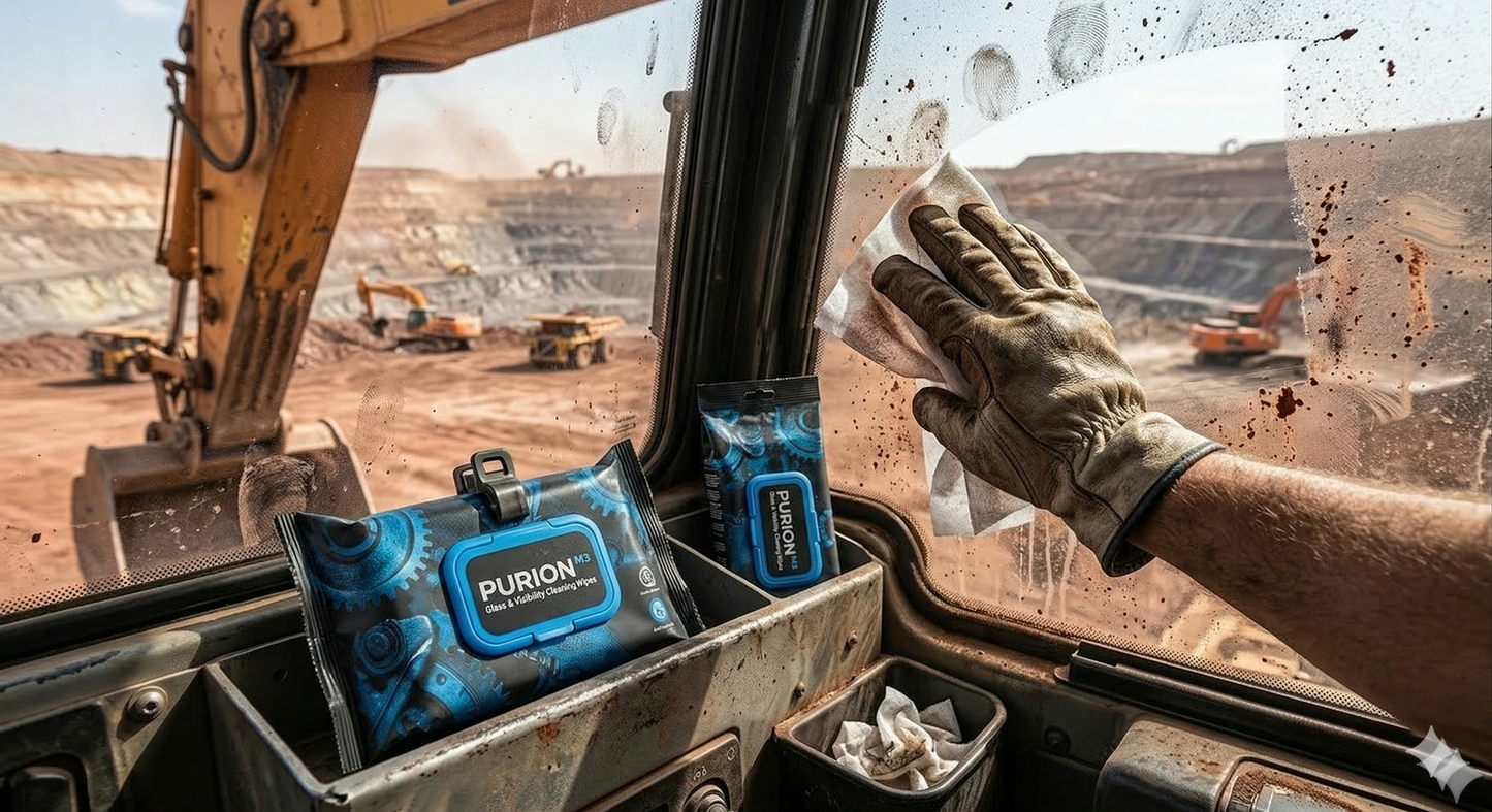 Hand cleaning a vehicle window with Purion wipes inside a mining truck.