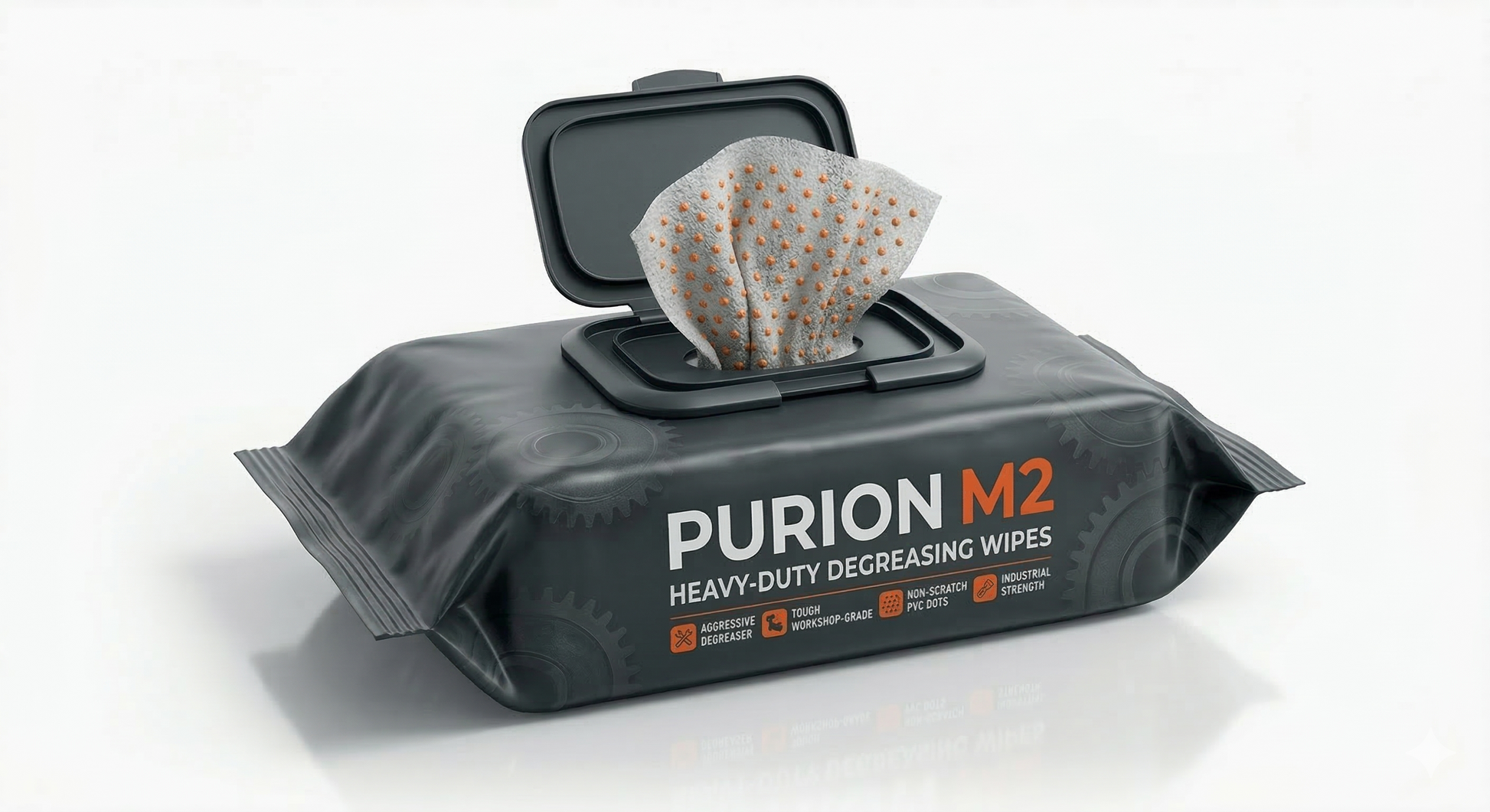 Purion M2 heavy-duty degreasing wipes packaging on a white background